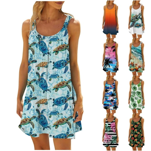 VBTAPA Beach Dresses for Women 2025 Trendy Summer Sleeveless Mini Sundresses Hawaiian Floral Printed Swimsuit Coverup Dress Limited Time Sales Multicolor XXL