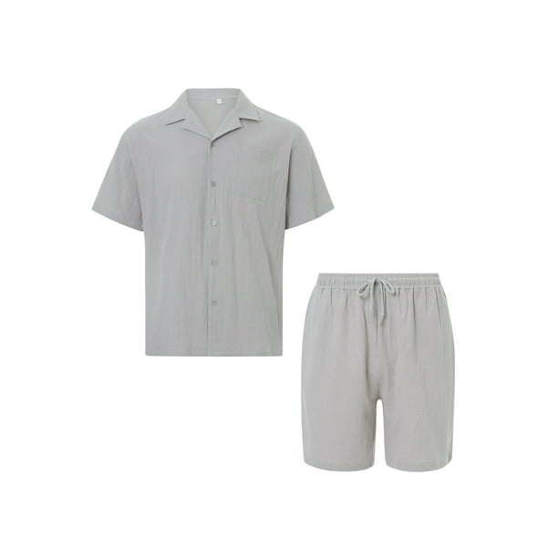 Sunloudy Conjunto de traje de 2 piezas para hombre, camisa de manga corta con cuello vuelto de color sólido + pantalones cortos para el verano Sunloudy S/M/L/XL/XXL