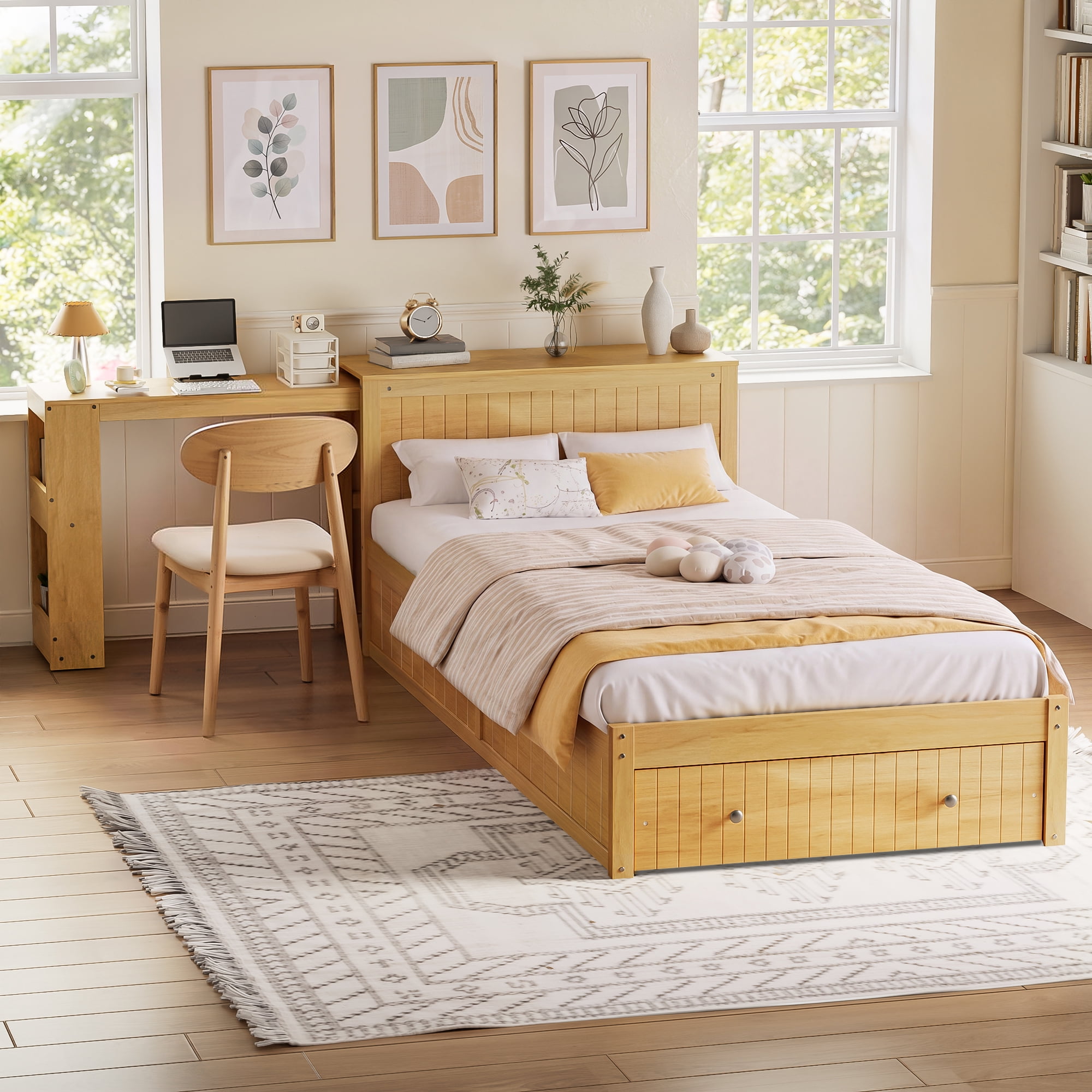 Mintazer Twin Size Platform Bed with Desk & Chair, Multifunctional Platform Bed with Storage Drawer & Side Open Shelves for Kids Teen Bedroom Apartmen, Natural
