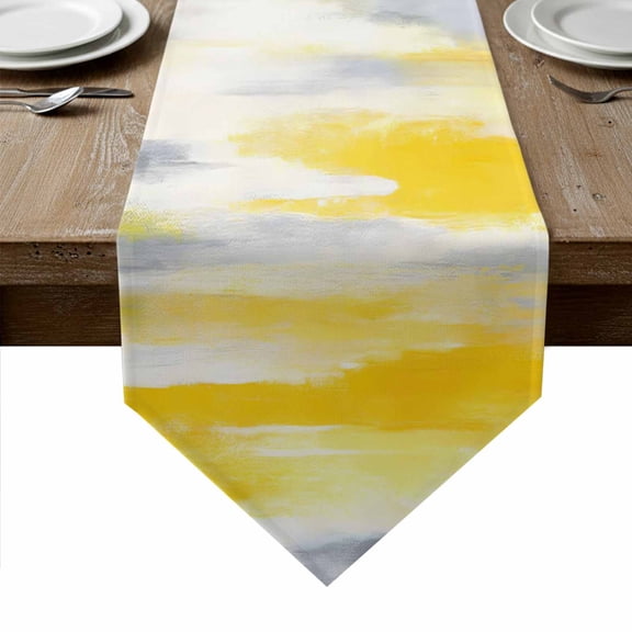 Yellow Grey Table Runner Linen Burlap Table Runner 72 Inches Long Vintage Farmhouse Abstract Oil Painting Dresser Scarves for Kitchen Island Coffee Dining Room Party Holiday Decoration 16"x72"