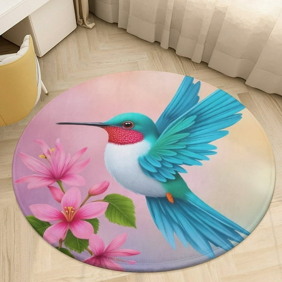 Hummingbird Floral Artwork Round Area Rugs for Bedroom Living Room, 4FT Soft Indoor Circle Carpets, Carpet Home Decor Floor Mat