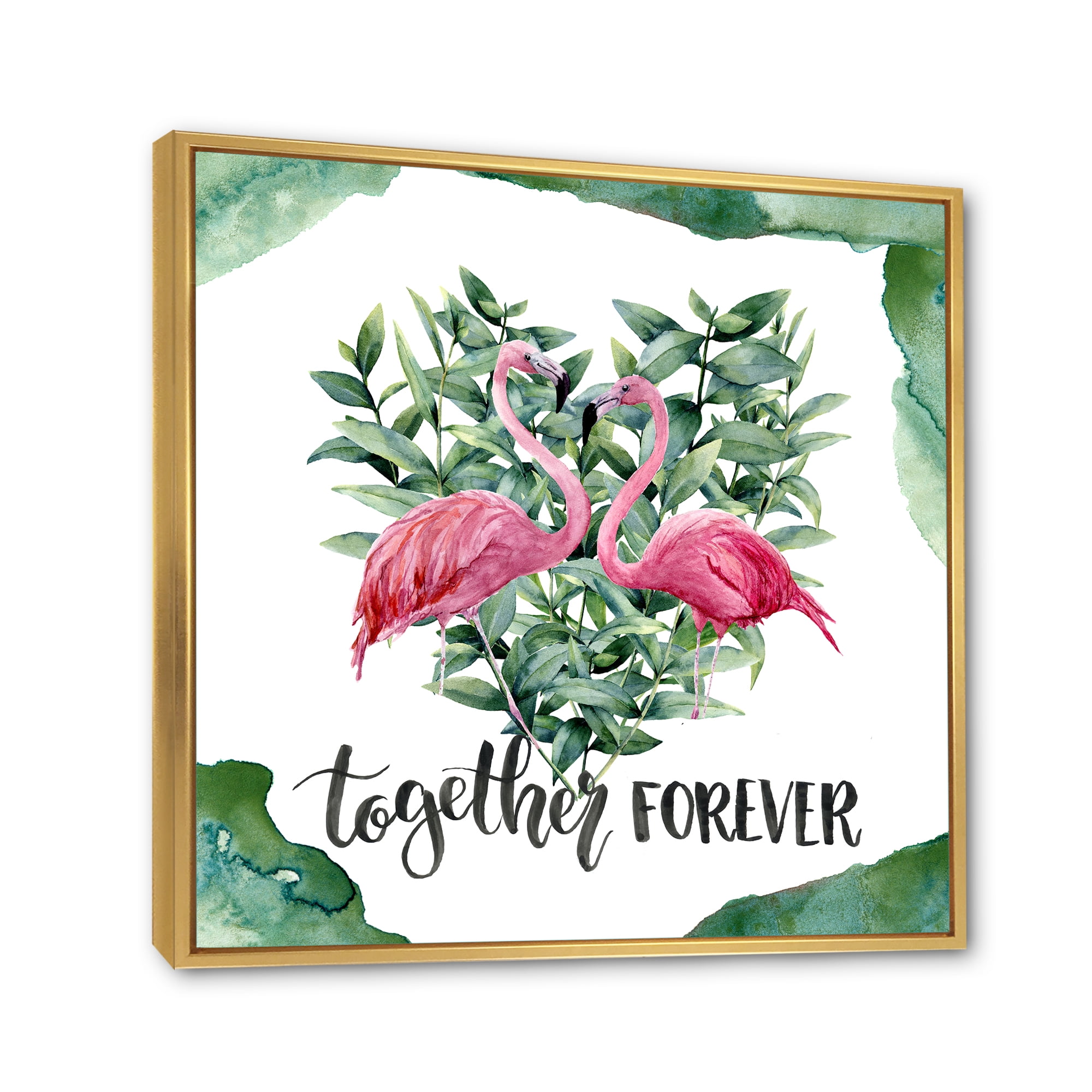 Eucalyptus Leaves With Flamingo Floral Heart 36 in x 36 in Framed Painting Canvas Art Print, by Designart