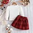 thumbnail image 7 of Toddler Girl Fall Outfits Girls 2 Piece Outfit Textured Sleeve Top Plaid Print Bow Detail Skirt Girls Clothes Red 2 Years-3 Years, 7 of 7