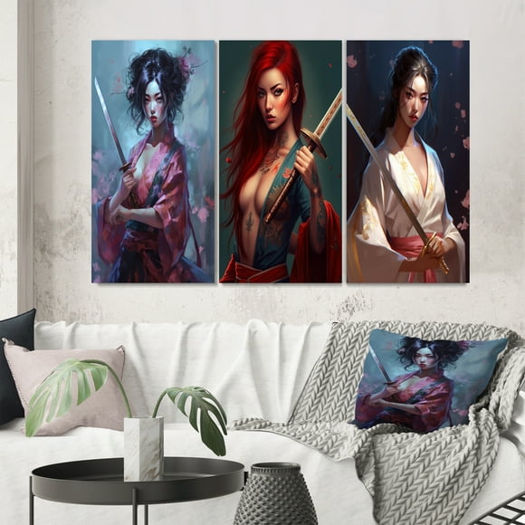 Designart "Cyberpunk Samurai Warrior III" Japon Woman Wall Art Set Of 3 - White Woman Japon Gallery Set For Office Decor