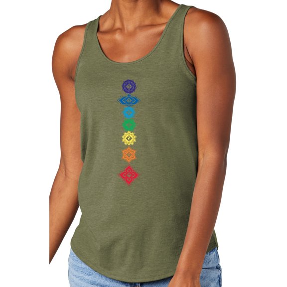 Women's 7 Floral Chakras Moisture-Wicking Relaxed Yoga Tank Top, Medium Military Green