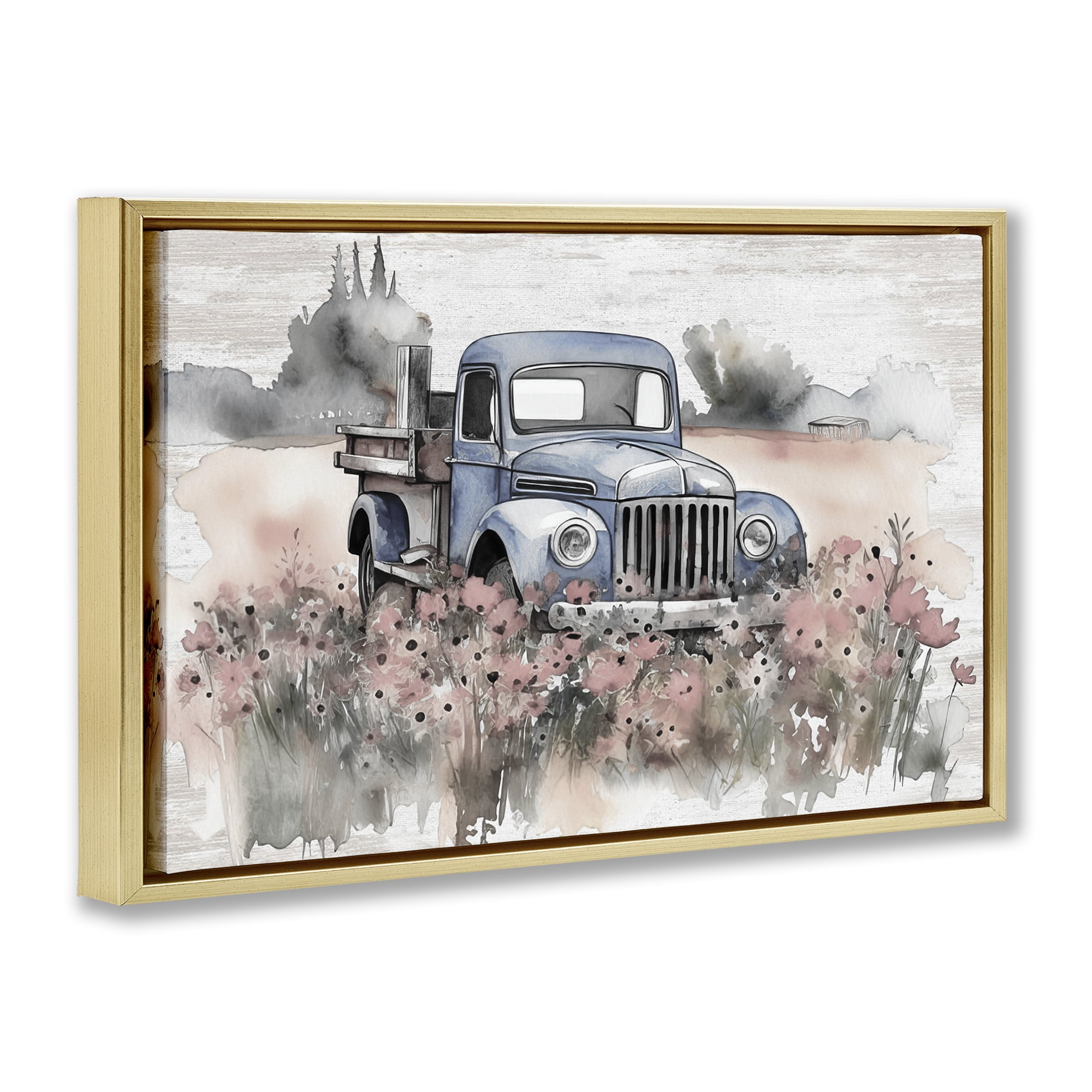 Stupell Industries Pickup in Floral Meadow Transportation Painting Gold Floater Framed Canvas Art Print Wall Art, 31 x 21