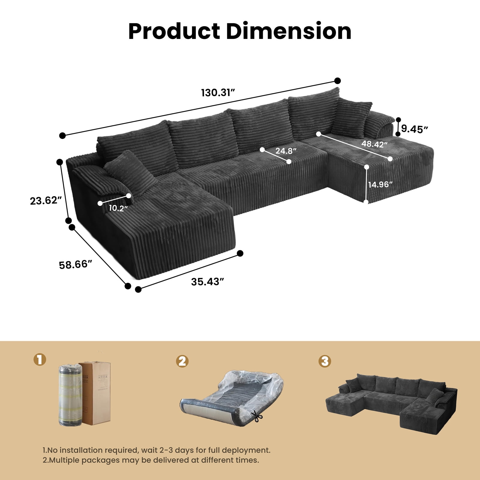 Kelyda 130'' Boneless Sectional Couch, Modern Faux Fur U Shaped Modular Cloud for Living Room Dark Grey