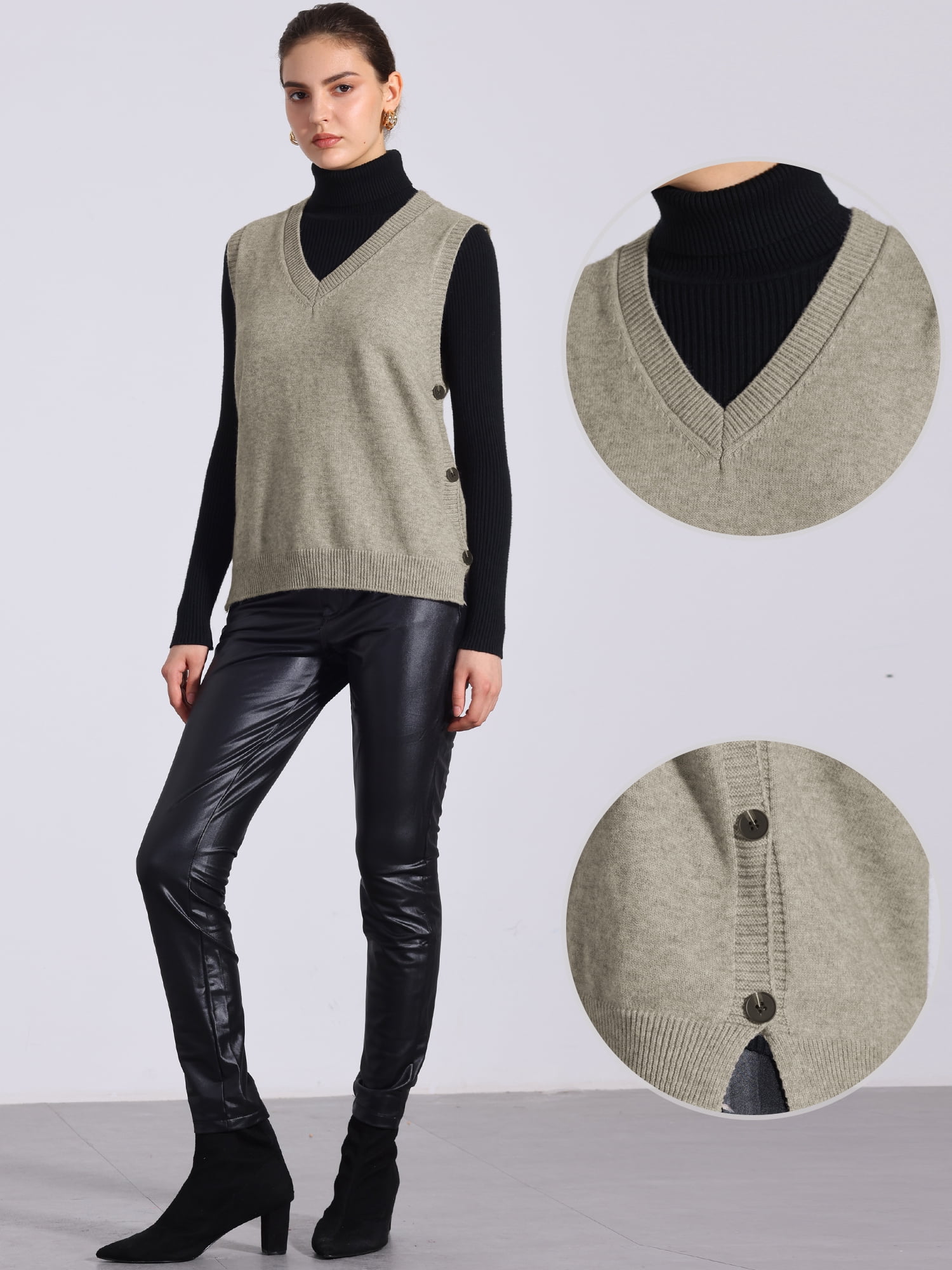 DARING DIVA Knit Sweater Vest Sleeveless V Neck Pullover Vest S Khaki