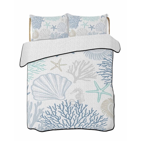 Quilts King Size Bedding Set, Blue Aqua Grey Coastal Lightweight Quilted Comforter, Summer Beach Coral Shell Starfish Soft Reversible Bedspread Coverlet with Pillow Covers for All Season, 96" x 106"