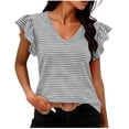 thumbnail image 2 of Axiiglly T Shirts for Women Striped V Neck Ruffle Cap Sleeve Relaxed Fit Summer Short Sleeve Shirts Casual Fashion Tees, S-2XL, 2 of 6