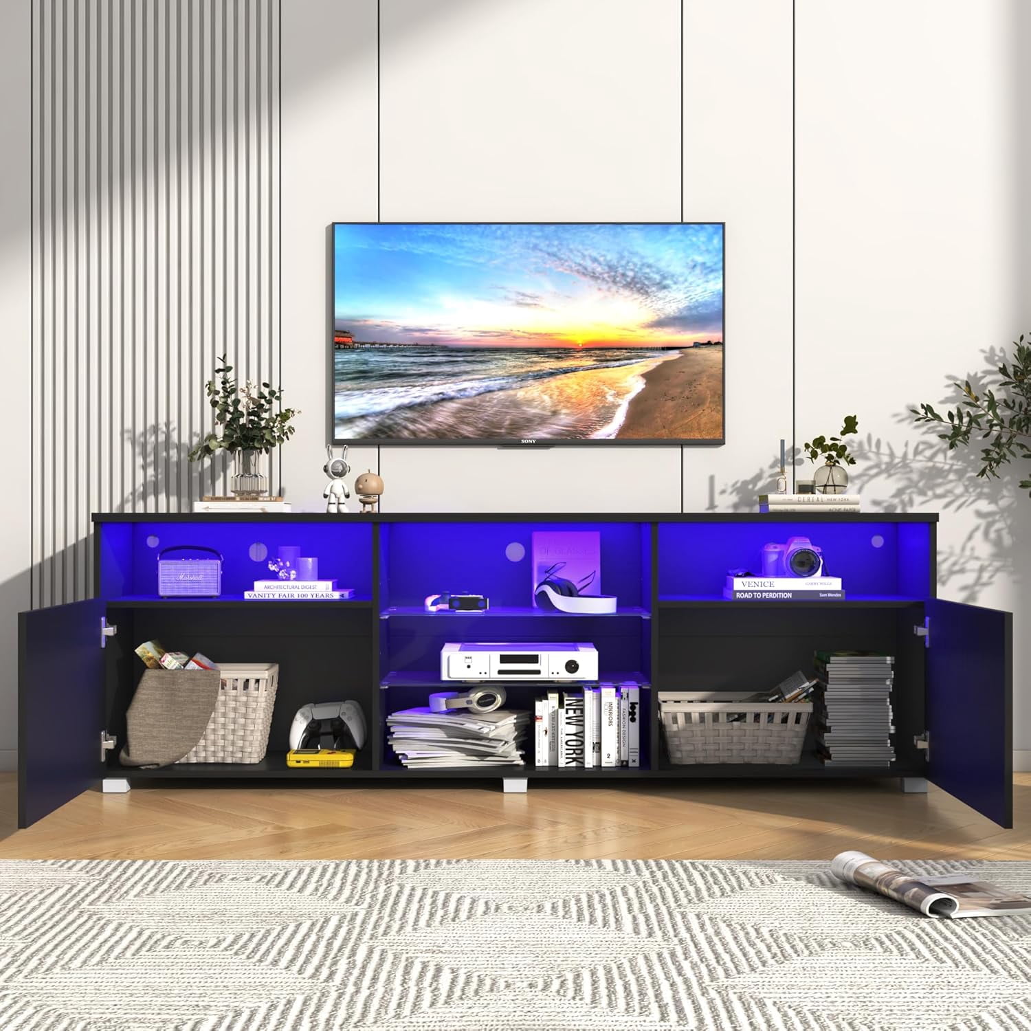 ChVans LED TV Stand for 70/75/80 inch, High Glass Modern Entertainment Center with LED Lights and Glossy Cabinets