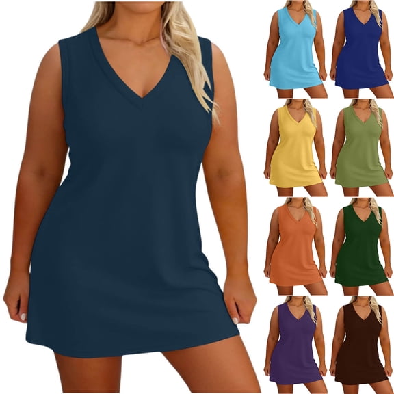 FengLS Plus Size Dresses for Women Loose Comfy Loungewear Short Dresses Fashion Solid V-neck Sleeveless Sundresses