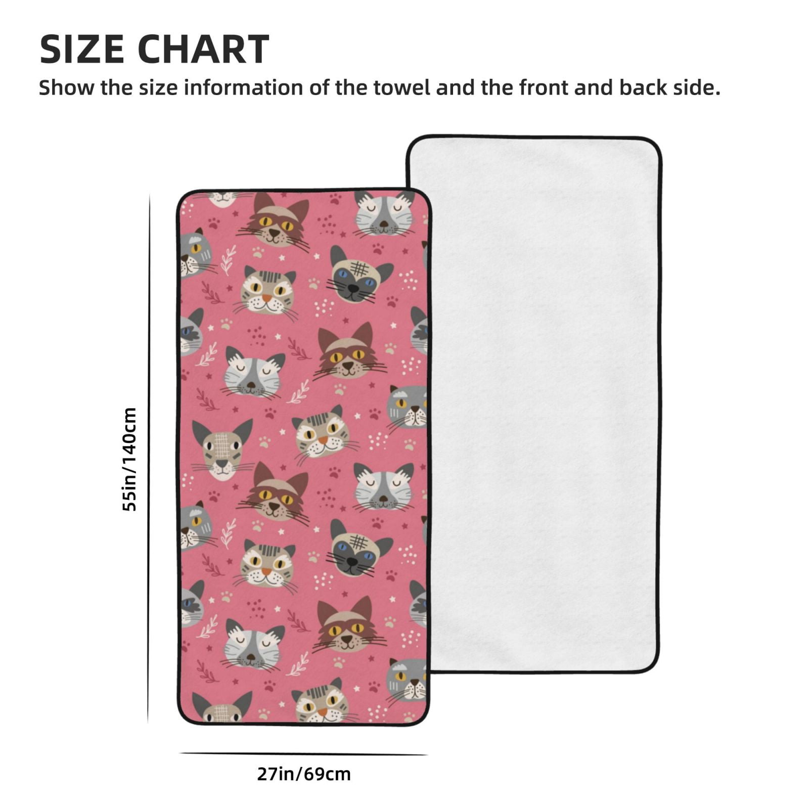 Cotton Bath Towels for Bathroom - Abstract Cute Cat Face Pink Microfiber Quick Dry Towels for Body Bath Sheets, Personalized Beach Towel, Soft Shower Towels for Travel Home Beach 27*55in