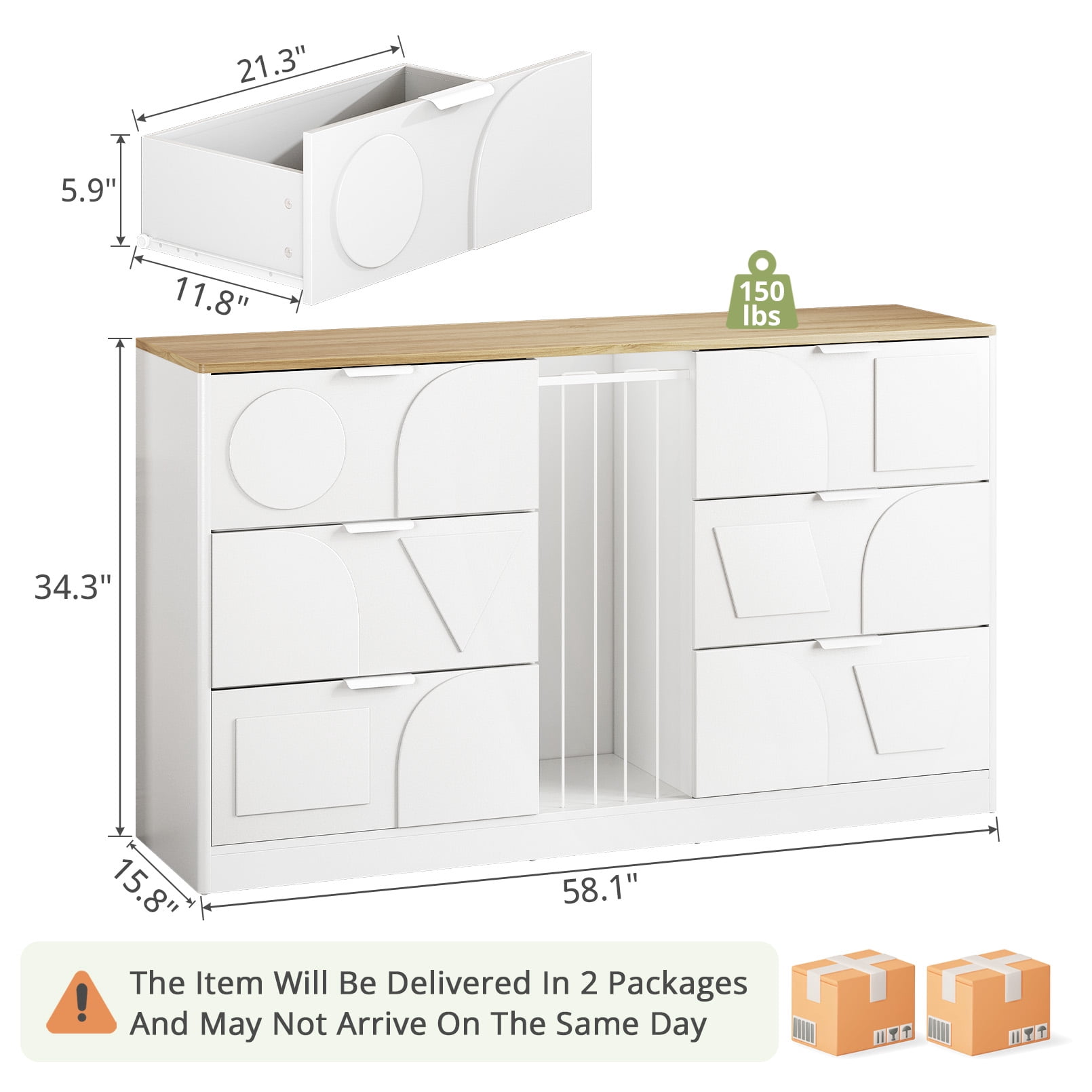 6 Drawer Dresser for Bedroom, 58.1" Wide Wooden Dresser with Geometric Patterns for Kids, Large Dressers & Chests of Drawers for Storing Toys and Yoga Mat, White Dresser