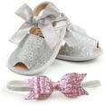 thumbnail image 4 of Uccdo Newborn Baby Girl Open Toes Sequins Sandals Infant Casual Bowknot Shoes First Walkers With Headband 0-18M, 4 of 4