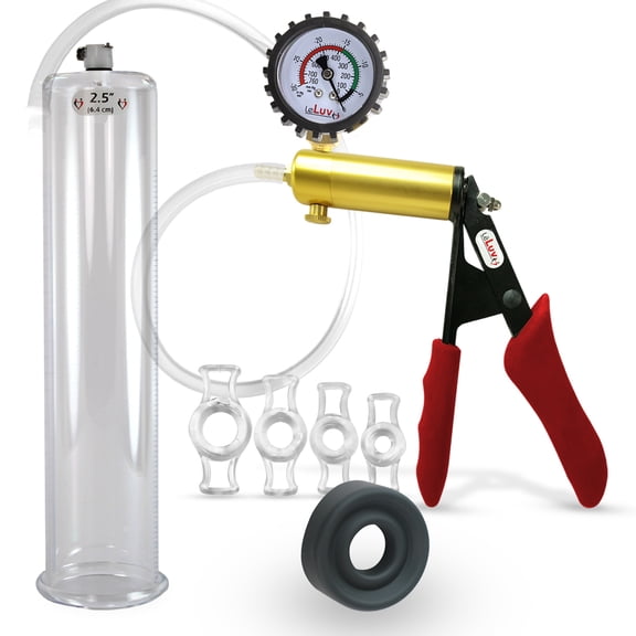 LeLuv Ultima Penis Pump, Brass w/ Red Handle, Silicone Grip, Clear Hose Protected Gauge | Silicone, 4 Cock Rings | 12" x 2.50" Cylinder