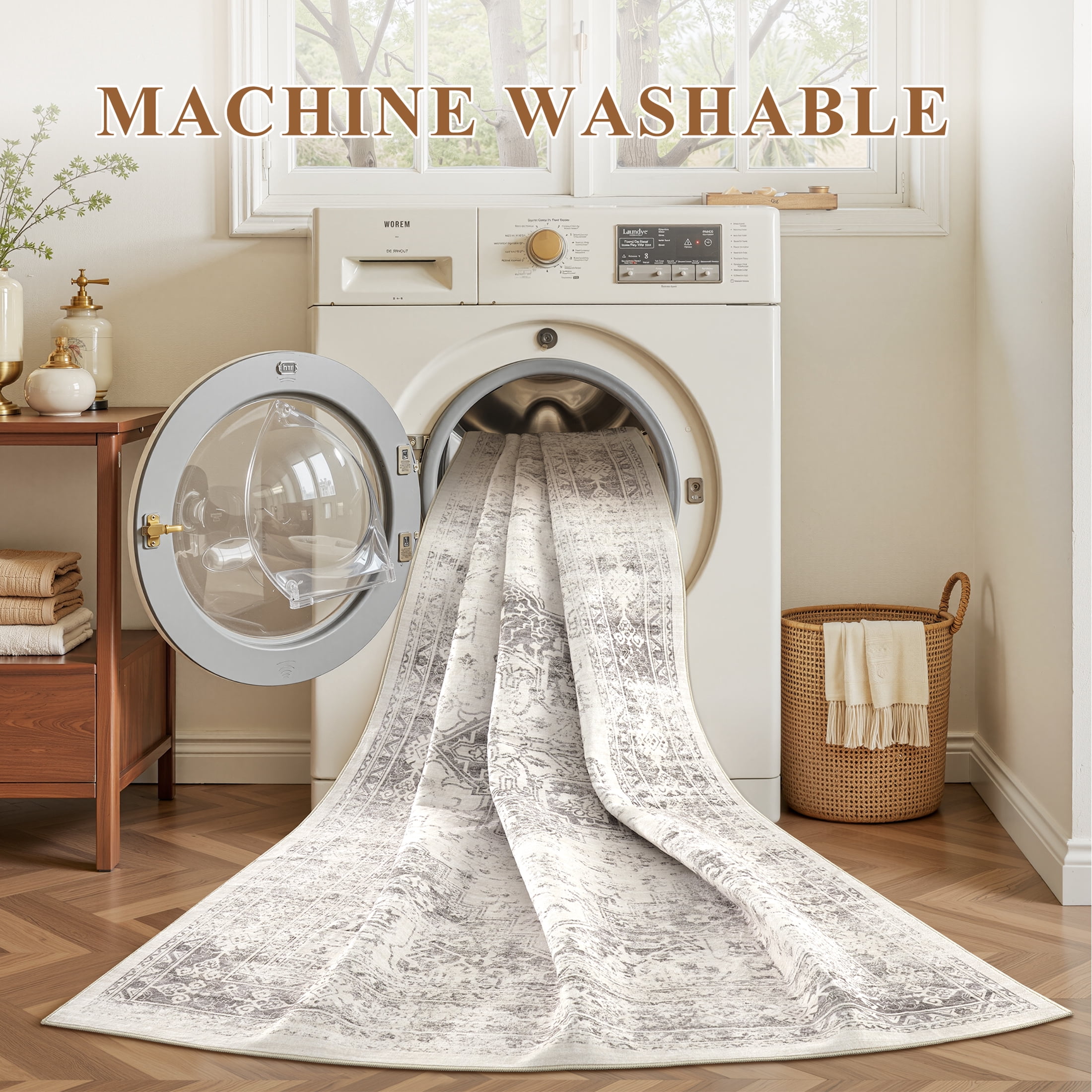 UERMEI 6x9 Washable Area Rugs for Living Room, Modern Vintage Printed Rug, Vacuum-Friendly, Non Slip Indoor Rug for Bedroom Dining Room Home Decor Carpet, Beige