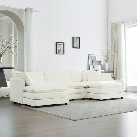 White U-Shaped Sectional Sofa, 5-Seater Convertible Chenille Couch w/Reversible Footrest & 2 Ottomans, Modern Minimalist Living Room Furniture, Easy Assembly