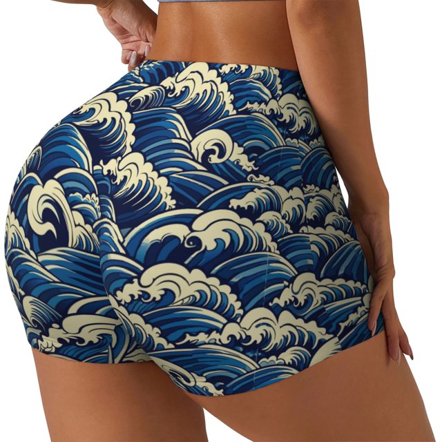 Balery Japanese Water Wave Pantalones cortos de entrenamiento estampados para mujer, sin costuras, ajustados, para gimnasio, yoga, correr, deportes, ejercicio activo, fitness.-Small
