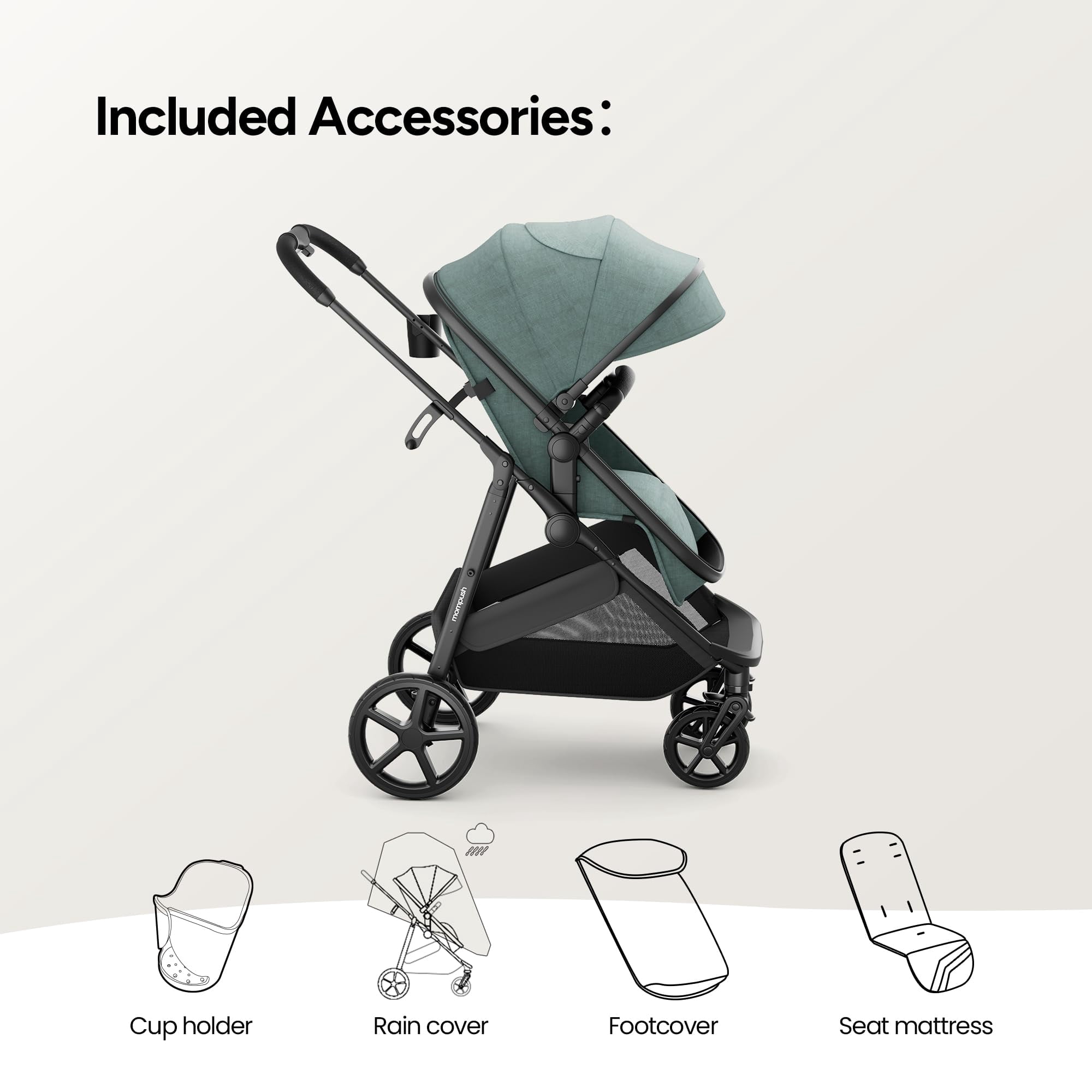 Mompush Wiz 2-in-1 Baby Stroller with Bassinet Mode, Reversible Seat and Large Canopy, Sage, 22.3LB, Unisex