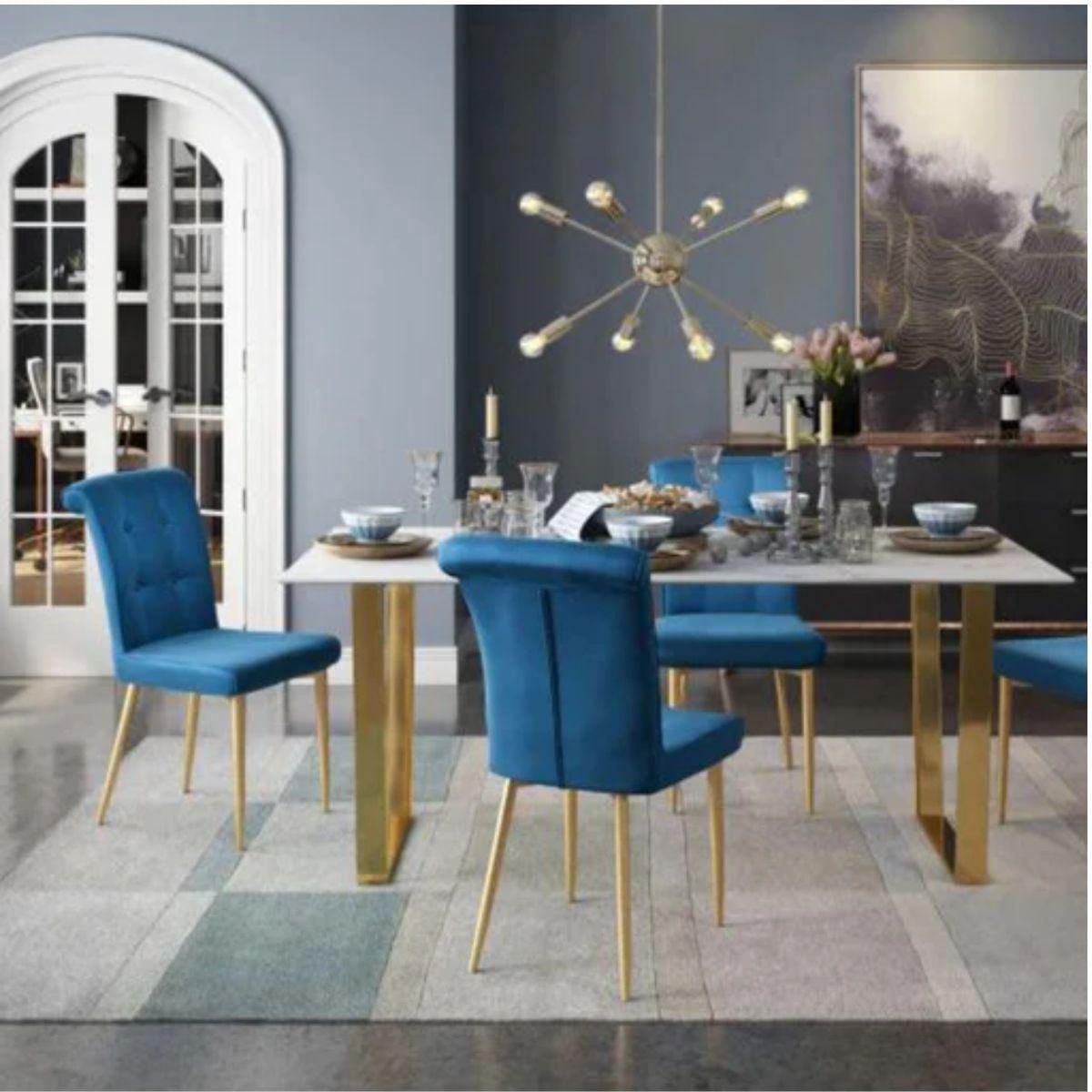 Luxury Rectangle Dining Table for aux Marble Top with Stunning Gold-Brushed Stainless Steel Base, Sleek Modern Design, Durable and Easy to Clean – Perfect for Dining Rooms or Stylish Gatherings