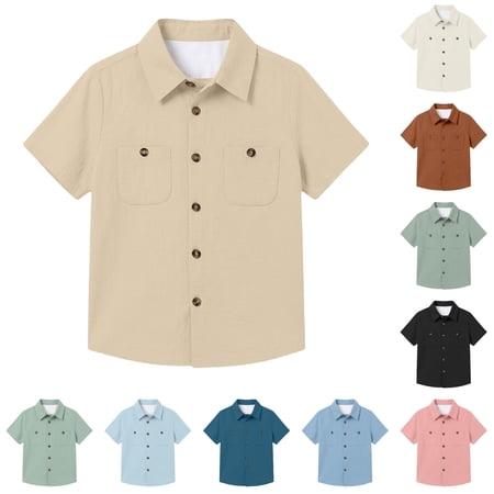 CUZIBR Boys Tops Lapel Collar Solid Color Casual Short Sleeve Shirt Soft Blend Comfort Fit Daily Play School Elegant Tee Khaki 5-6 Years
