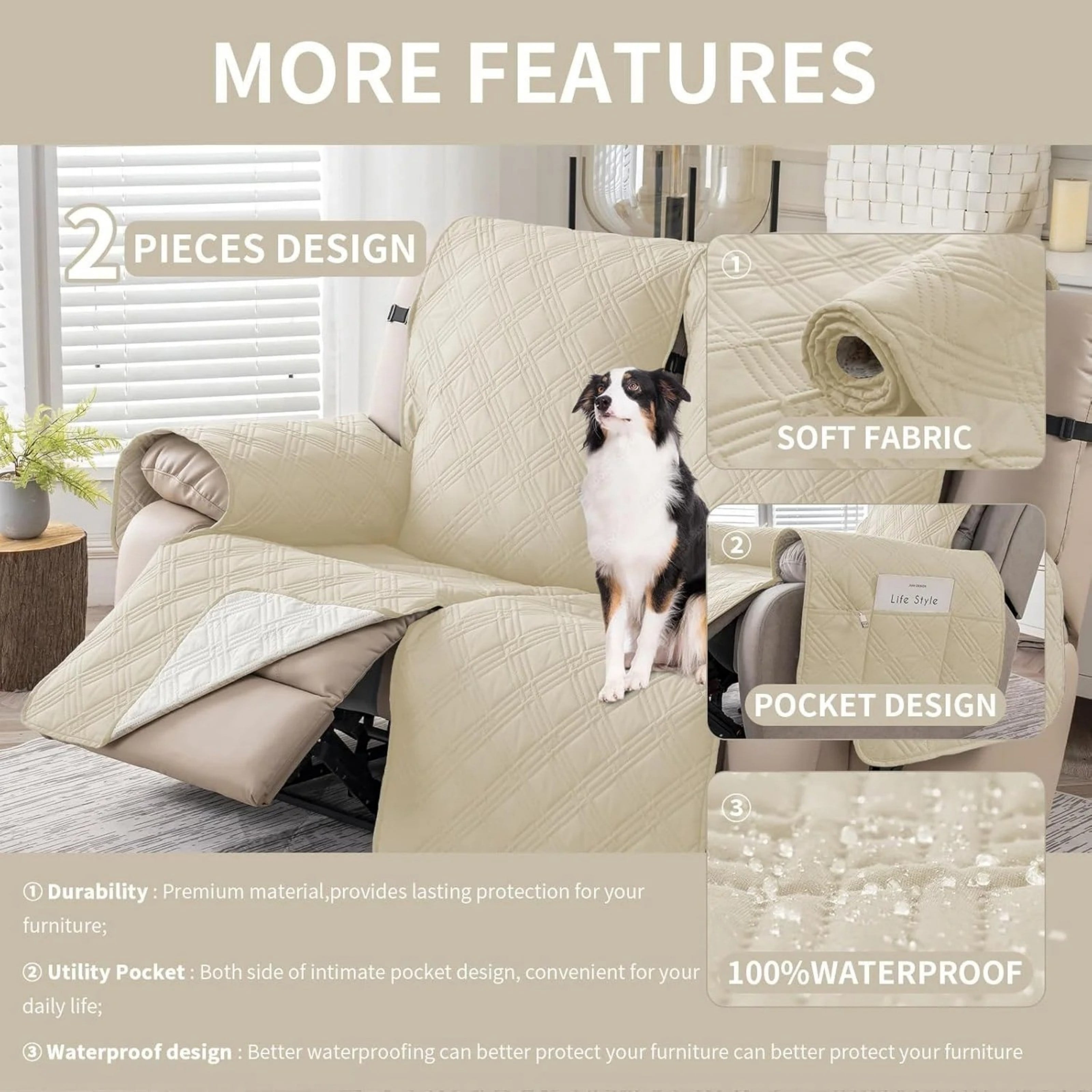 Lavish Cover 100% Waterproof Recliner Loveseat Cover, 2 Pieces Non-Slip Recliner Couch Slipcovers, Washable Furniture Protector with Pockets & Elastic Straps for Kids Pets, 2 Seaters, Beige