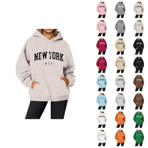 New York Hoodies for Women Fall Winter Long Sleeve Graphic Hooded Sweatshirt with Pockets Streetwear Pullover Tops