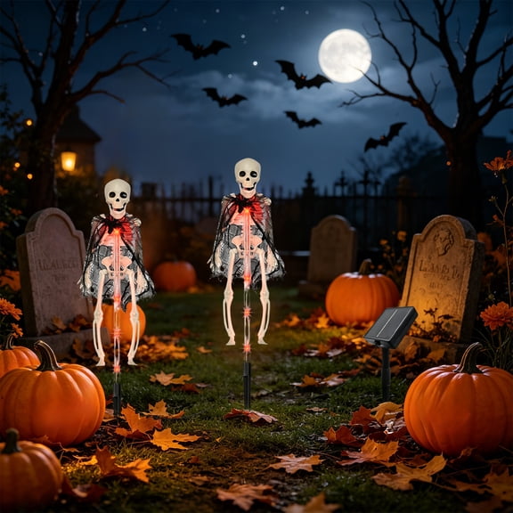 Diceymbol 2Pack Solar Skeleton Stake Light 28 Inch Red LED Halloween Garden Light for Yard Lawn Walkway Decor
