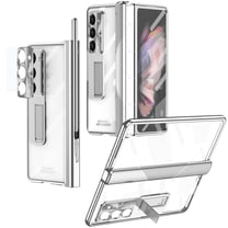 Dteck for Samsung Galaxy Z Fold 5 Case with Stylus & S Pen Holder, Z Fold 5 5G Clear Case with Hinge Protection Full Body Plating PC Cover with Built-in Screen Protector Kickstand,Silver