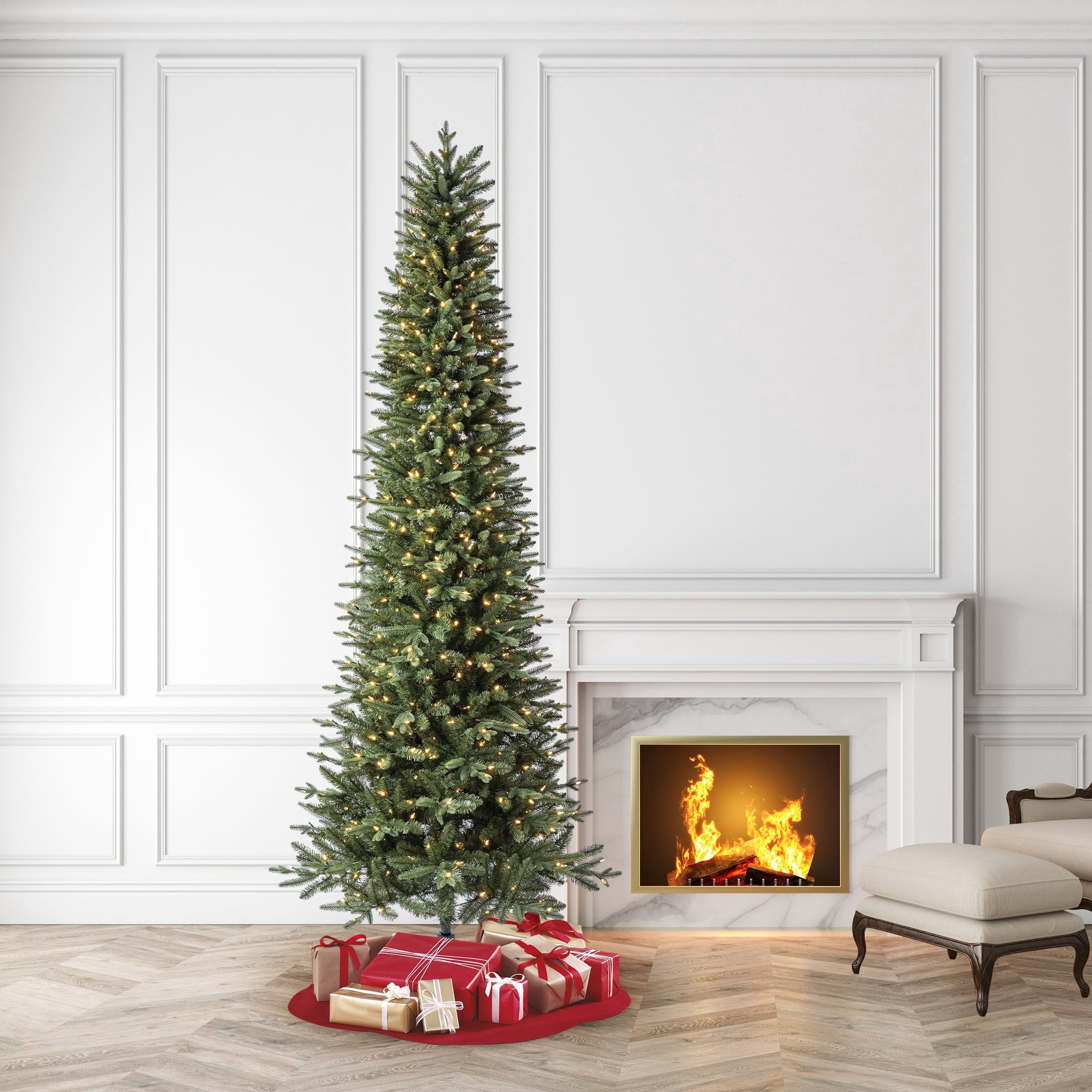 9' Pre-Lit Sanford Pencil Fir Green Artificial Christmas Tree with 500 Warm White LED Lights and Stand, by Holiday Time