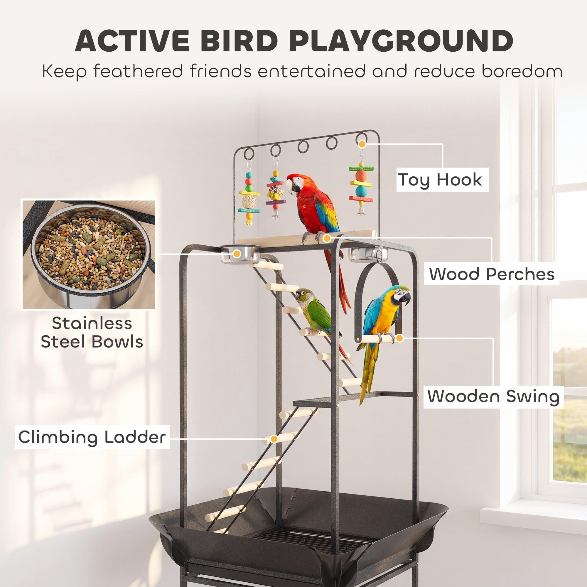 PawHut 64"H Rolling Bird Stand Parrot Playstand with Seed Guard & Wheels, Ladders, Swing, Toy Hook & Bowls, for Cockatiels, Conures, Parakeets