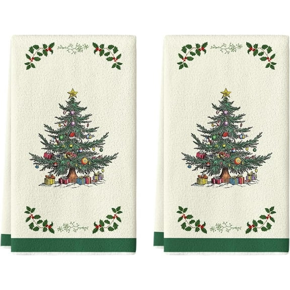 Sage Green Ornaments Xmas Tree Christmas Kitchen Towels Dish Towels, 16x24 Inch Farmhouse Holiday Winter Decoration Cleaning Set of 2