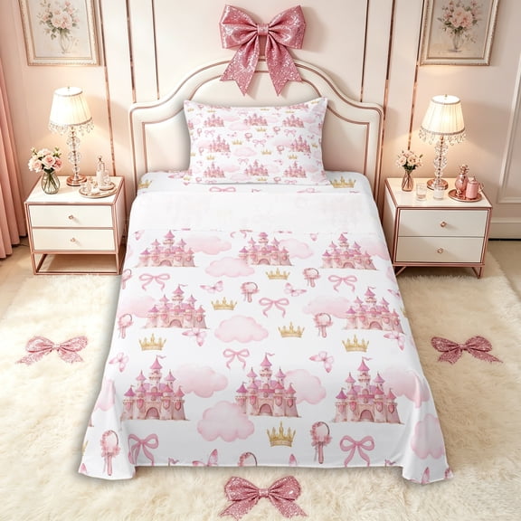 Manfei Girls Kawaii Ribbon Bow Butterflies Twin Sheet Sets 3pcs,Kids Teens Dreamy Princess Castle Bedding,Ultra Soft Home Decor