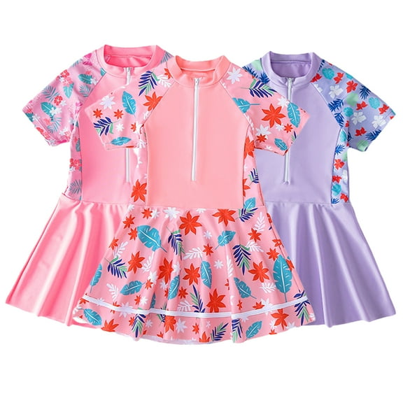 LYMAYTER Kids Toddler Girls Two Piece Swimsuit with Skirt Short Sleeve Rash Guard Sets UPF 50 Beach Bathing Suit Bikini Rash Guard Bathing Suit Swimsuit Skirt & Bottom for 3-12 Years Old