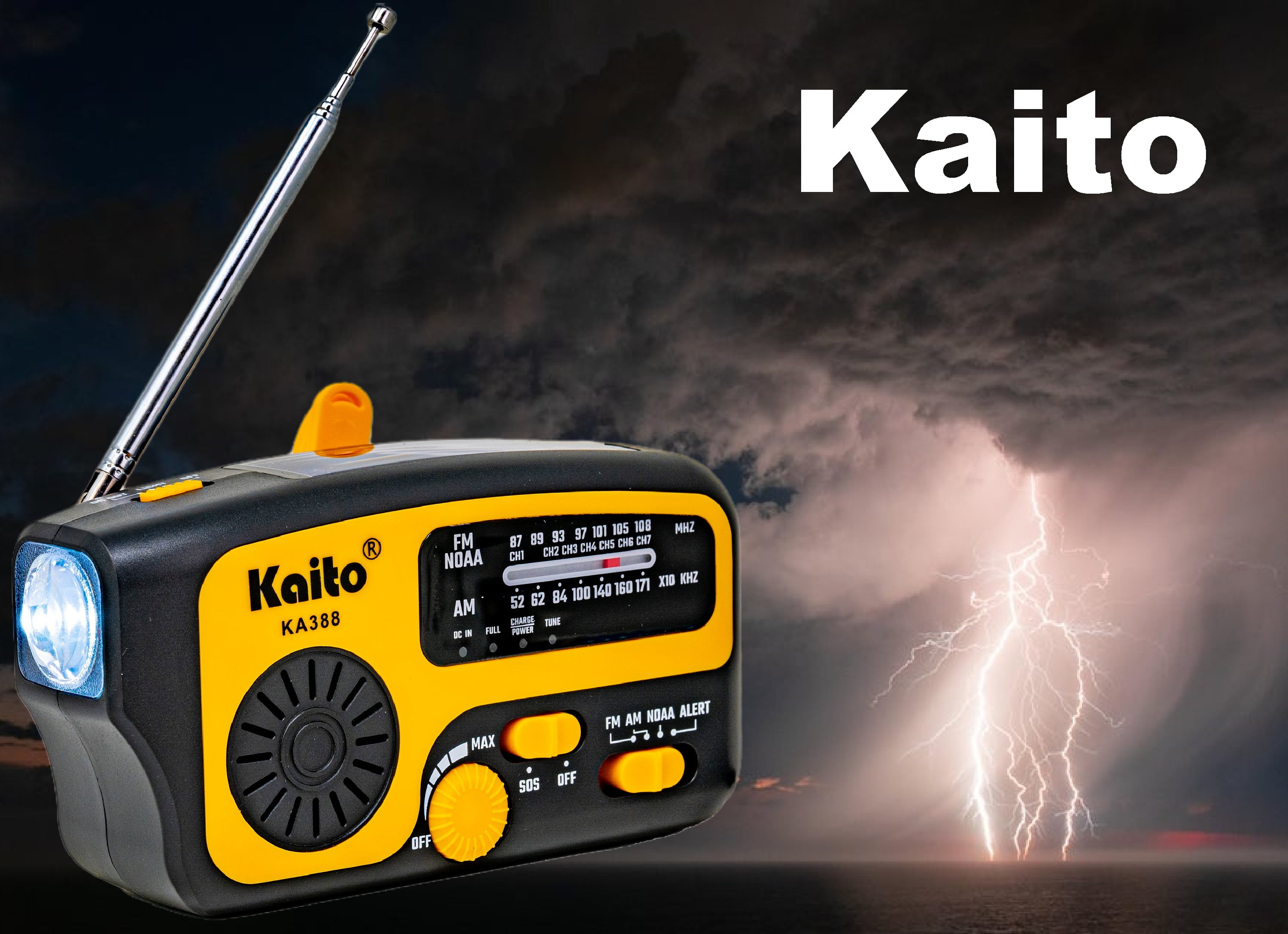 Kaito Solar NOAA Weather Alert Pocket-Size Portable Emergency Radio with USB Cable, Yellow, KA388