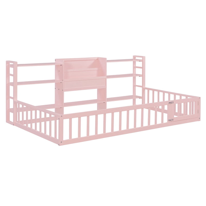 Twin Size Floor Bed with Integrated Bookcase and 3-Tier Storage Shelves, Low Profile Wood Toddler Bed Montessori Bed with Safety Guardrails for Boys Girls