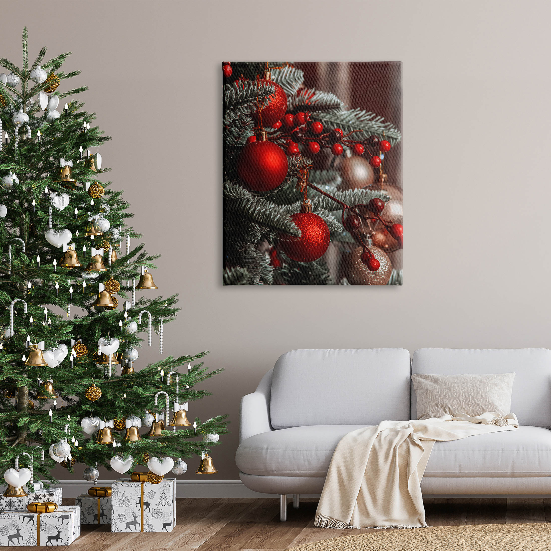 Hanging Red Ornaments Christmas Tree Holiday Photograph Gallery Wrapped Canvas Print Wall Art