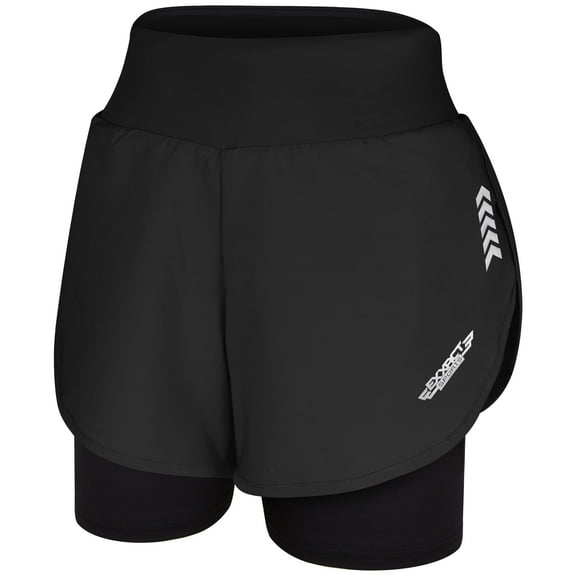 Exxact Sports 2 in 1 Shorts Women - Athletic Shorts with Spandex Underneath, Dry Fit Running Shorts with Pockets Women (Black, AXS)