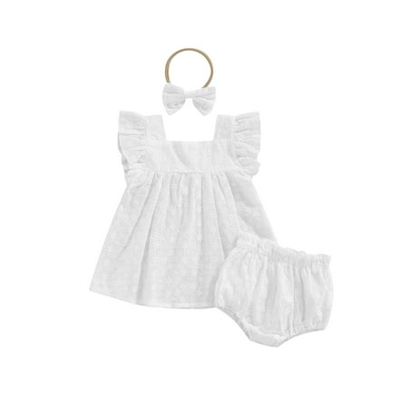 

Frobukio 3Pcs Toddlers Baby Girls Jacquard Weave Outfit Hollow Out Dress Tops + Pantie Shorts + Hairband Sets White 0-6 Months
