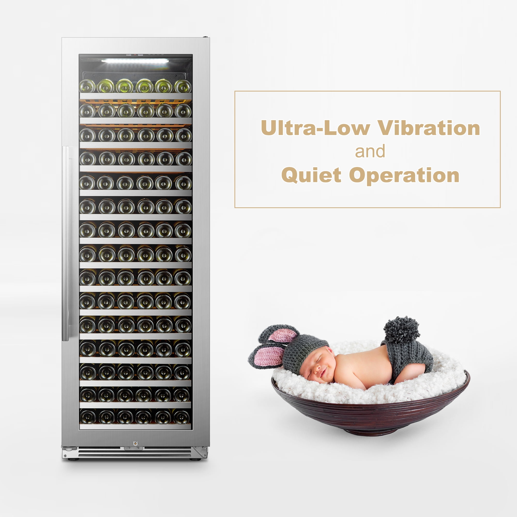 Lanbopro 164 Bottles 24 inch Width Single Zone Wine Cooler in Seamless Stainless Steel