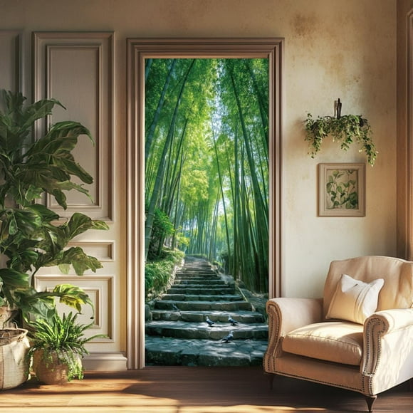 2 Sheets Bamboo Forest Self-Adhesive Door Sticker 80cmx200cm/31.5x78.7inch Green Nature Door Murals Stickers PVC Removable Wallpaper Decoration for Bedrooms Living Room