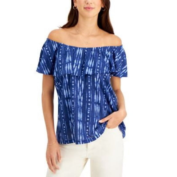 MSRP $50 Style & Co Cotton Printed Off-The-Shoulder Top Navy Size XS