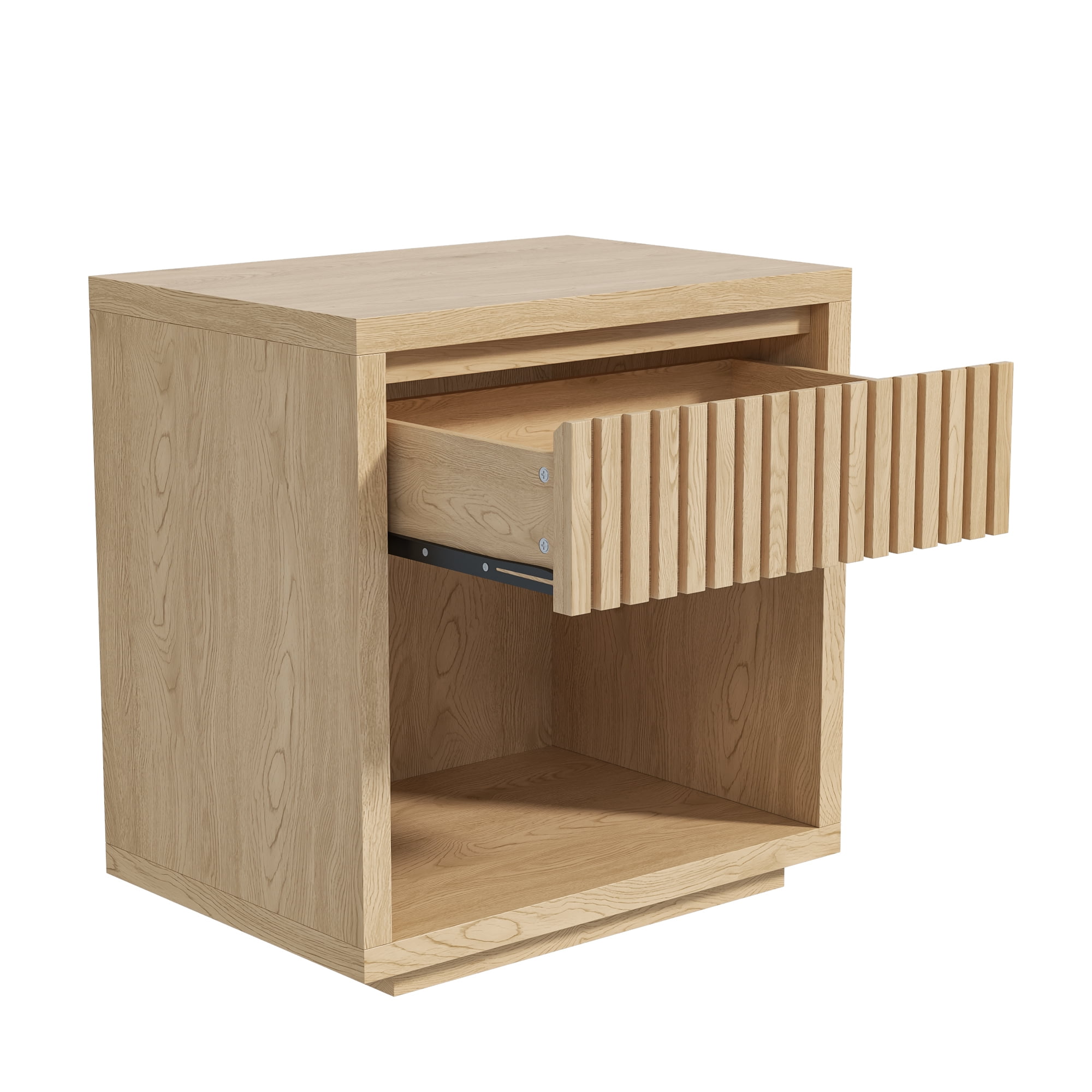 Nightstand with Drawer, Mid Century Nightstands with Open Storage Shelf, Wood Bedside Table