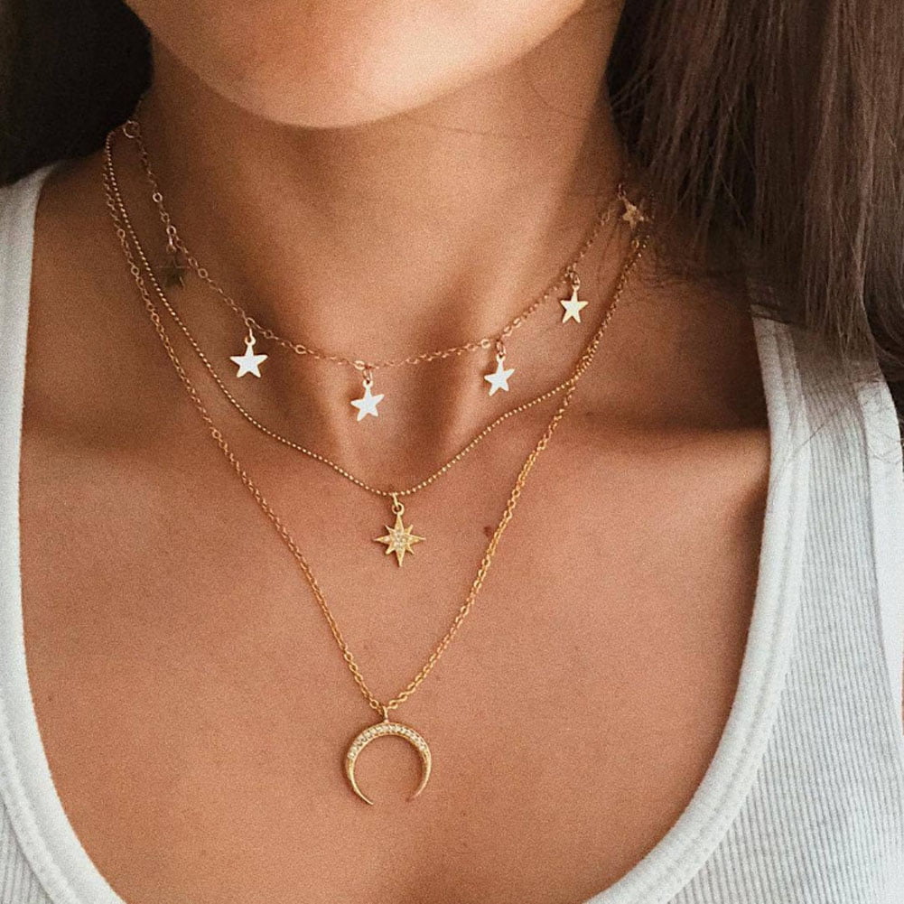 Double-deck Star Moon Pattern Necklace Simple Style Short Gold Silver Chain VGCA