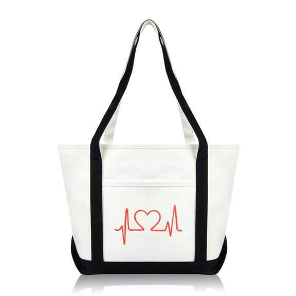 DALIX Women's Heartbeat Nurse Tote Bag Cotton Canvas Embroidered in Black