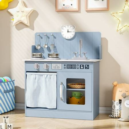 Pirecart Children Play Kitchen, Toddler Wooden Kitchen Toy Set with Ample Storage and Cooking Accessories for Kids Age 3+, Blue