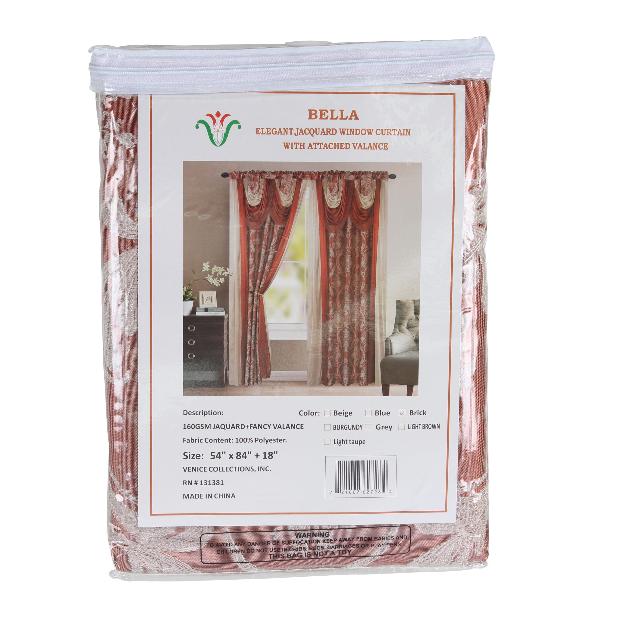 Bella Luxury Jacquard Curtain Panel with Attached Waterfall Valance & Scarf 54 by 84-Inch Brick