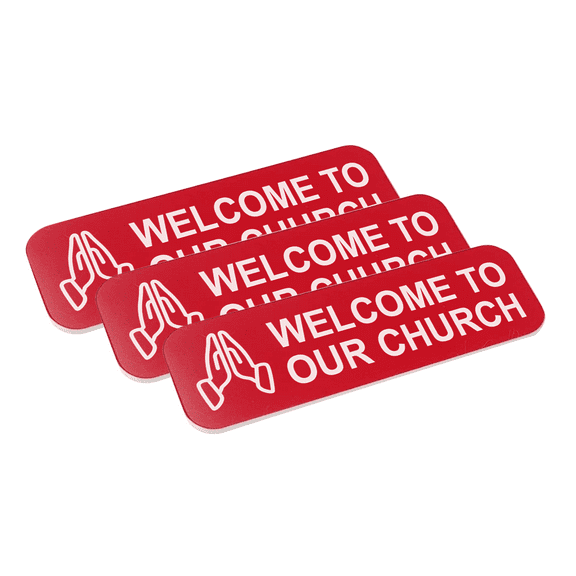 Welcome To Our Church 1 x 3" Name Tag/Badge, Red, Praying Hands Design (3 Pack)