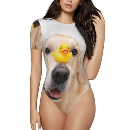 

JUNZAN The Dog Is Sitting In A Bubble Bath Print Women s Crew Neck Short Sleeve Bodysuit Sexy One Piece Fashion T-shirt Tops Scoop Neck Bodysuit Sexy Going Out Tops -XX-Large